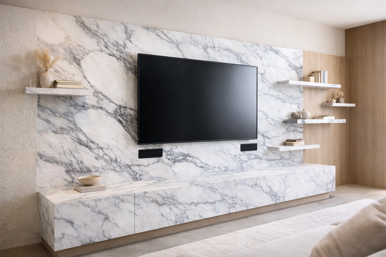 Moderne TV-Wände aus weißer Keramik auf mas - individuell geplant und gefertigt