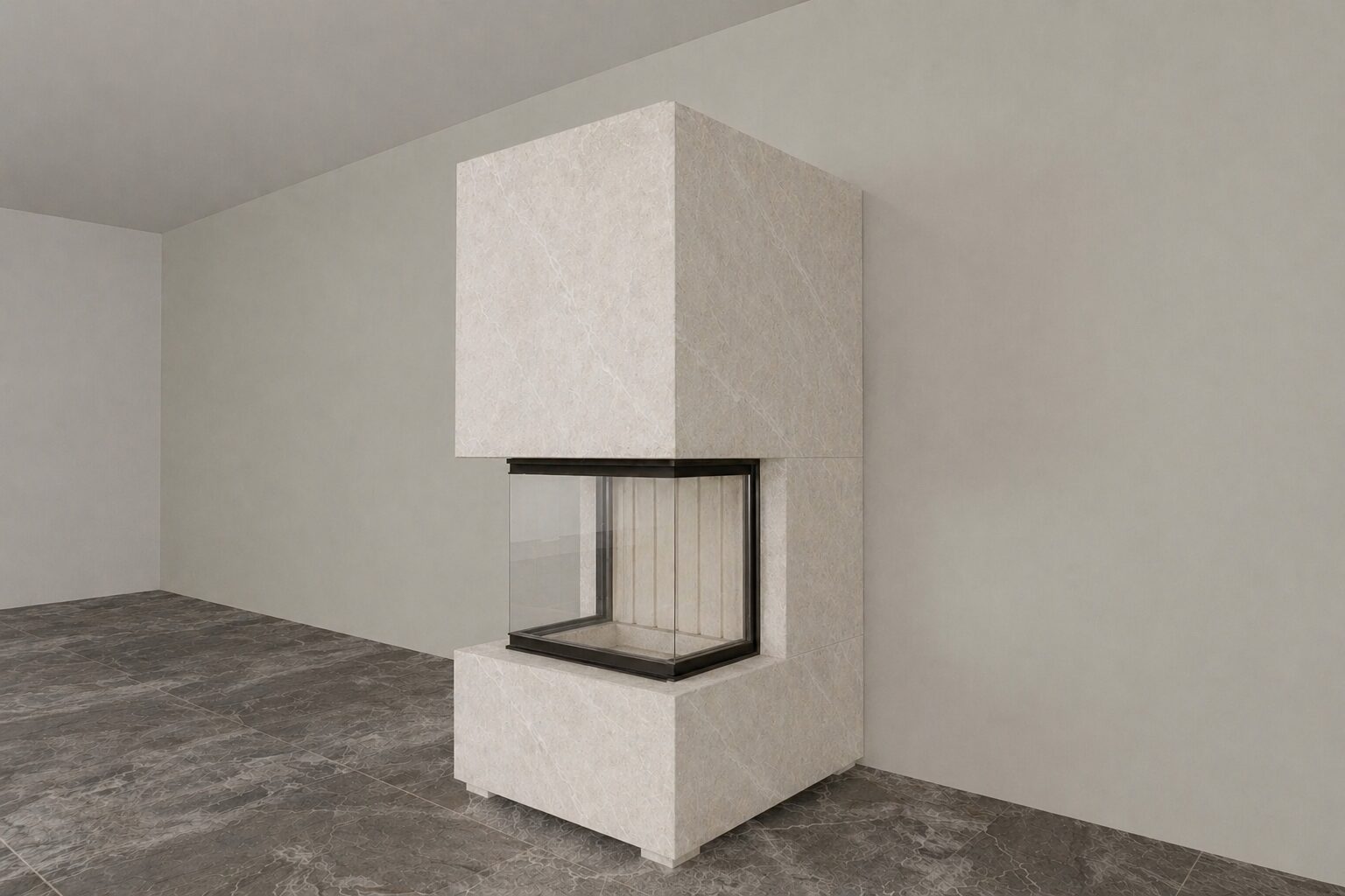 Panorama Kamin mit Spartherm Lean 3RL-70h RLA und wärmestrahlenden Keramik-Großformatplatten - NIKO WARM-PREMIUM NWP-6, komplett, individuell angepasst