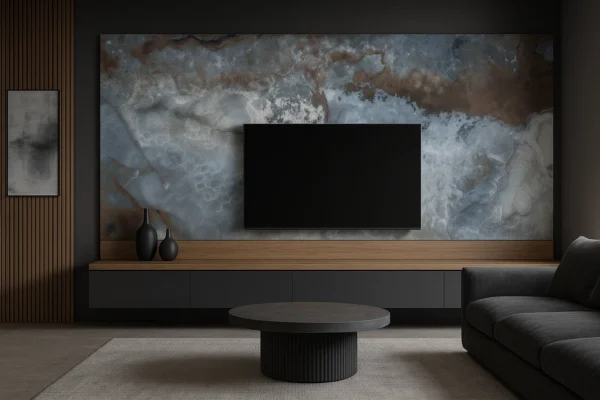 Moderne TV-Wände aus blauer Keramik auf mas - individuell geplant und gefertigt
