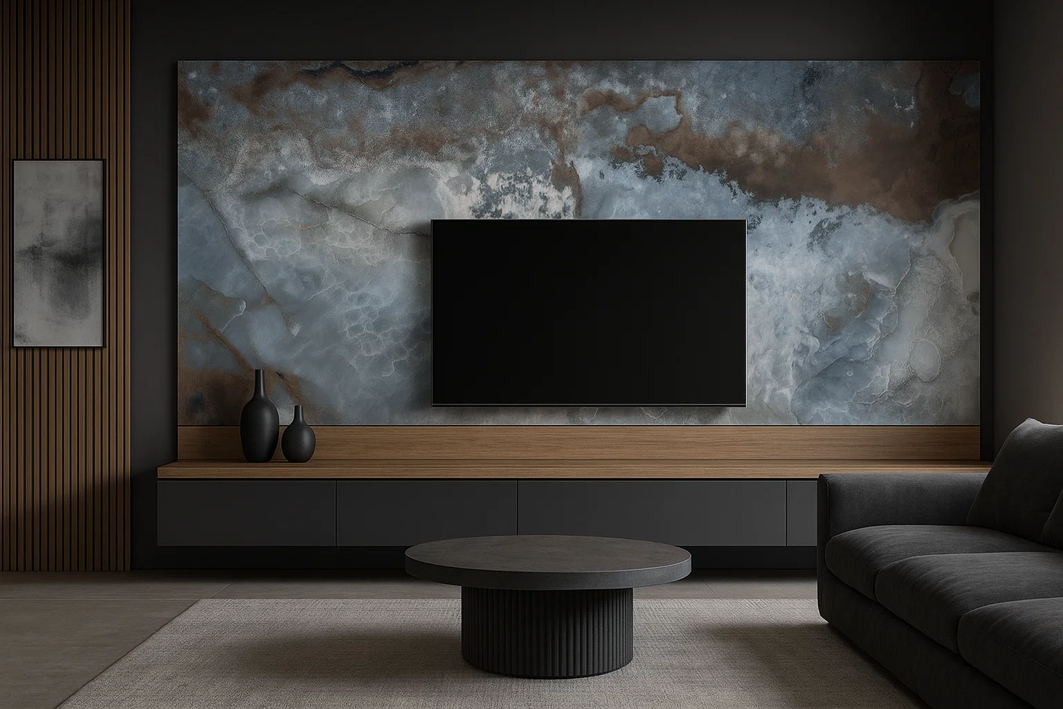 Moderne TV-Wände aus blauer Keramik auf mas - individuell geplant und gefertigt