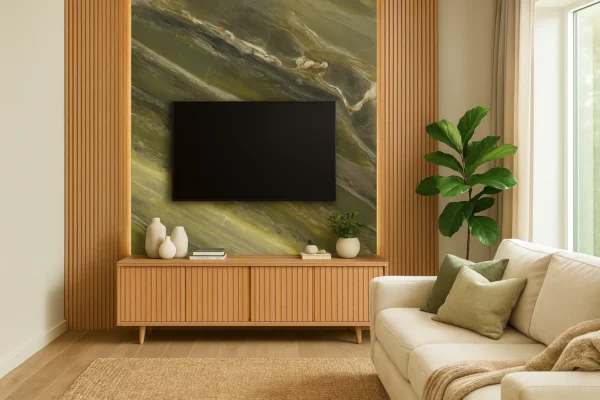 Moderne TV-Wände aus grüner Keramik auf mas - individuell geplant und gefertigt