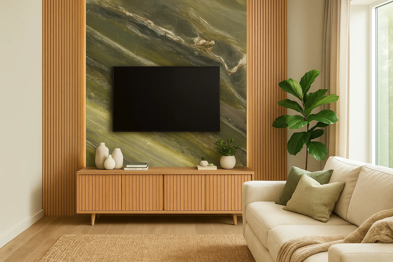 Moderne TV-Wände aus grüner Keramik auf mas - individuell geplant und gefertigt