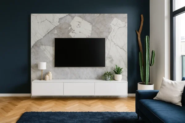 Moderne TV-Wände aus weißer Keramik auf mas - individuell geplant und gefertigt