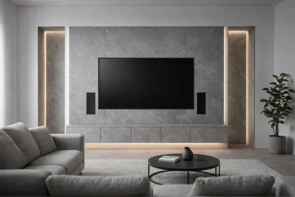 Moderne TV-Wände aus grauer Keramik auf mas - individuell geplant und gefertigt