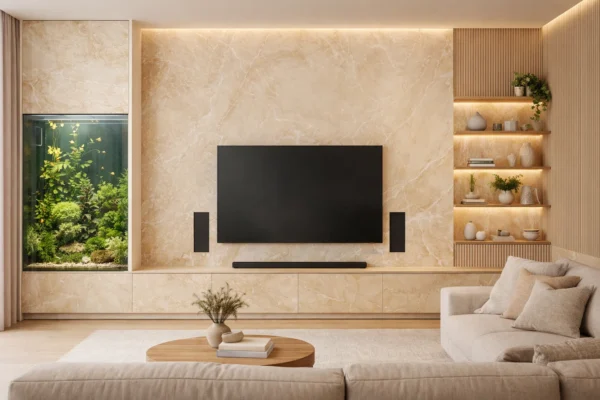 Moderne TV-Wände aus beiger Keramik auf mas - individuell geplant und gefertigt