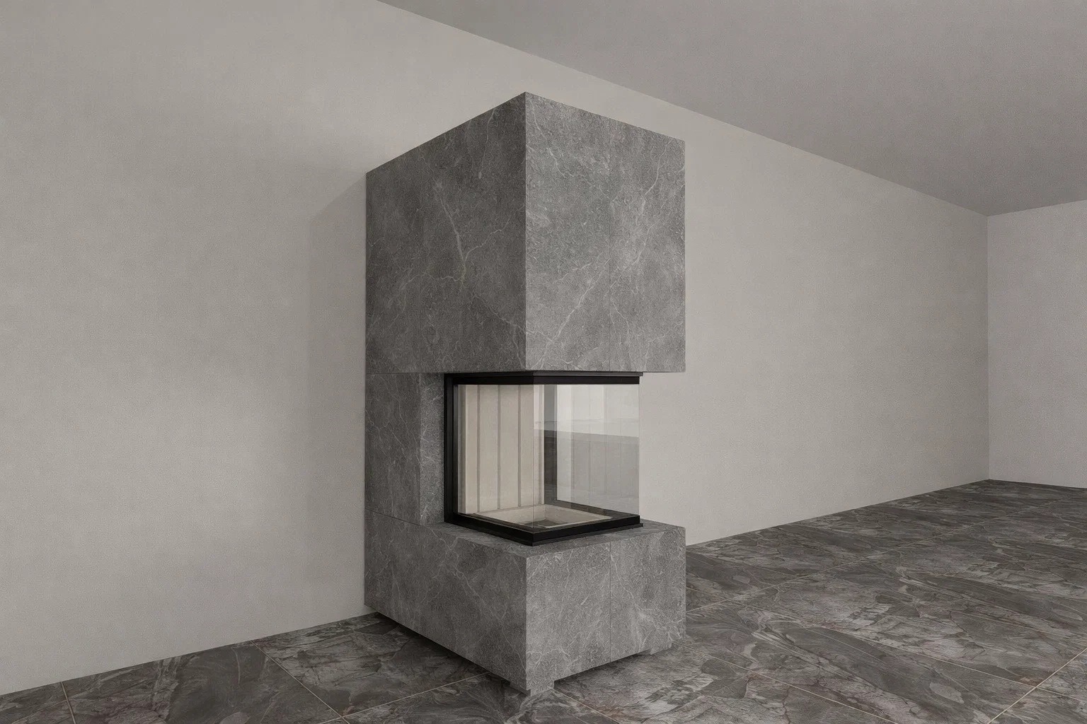 Panorama Kamin mit wärmestrahlenden Keramik-Großformatplatten - NIKO WARM-PREMIUM NWP-3, komplett, individuell angepasst