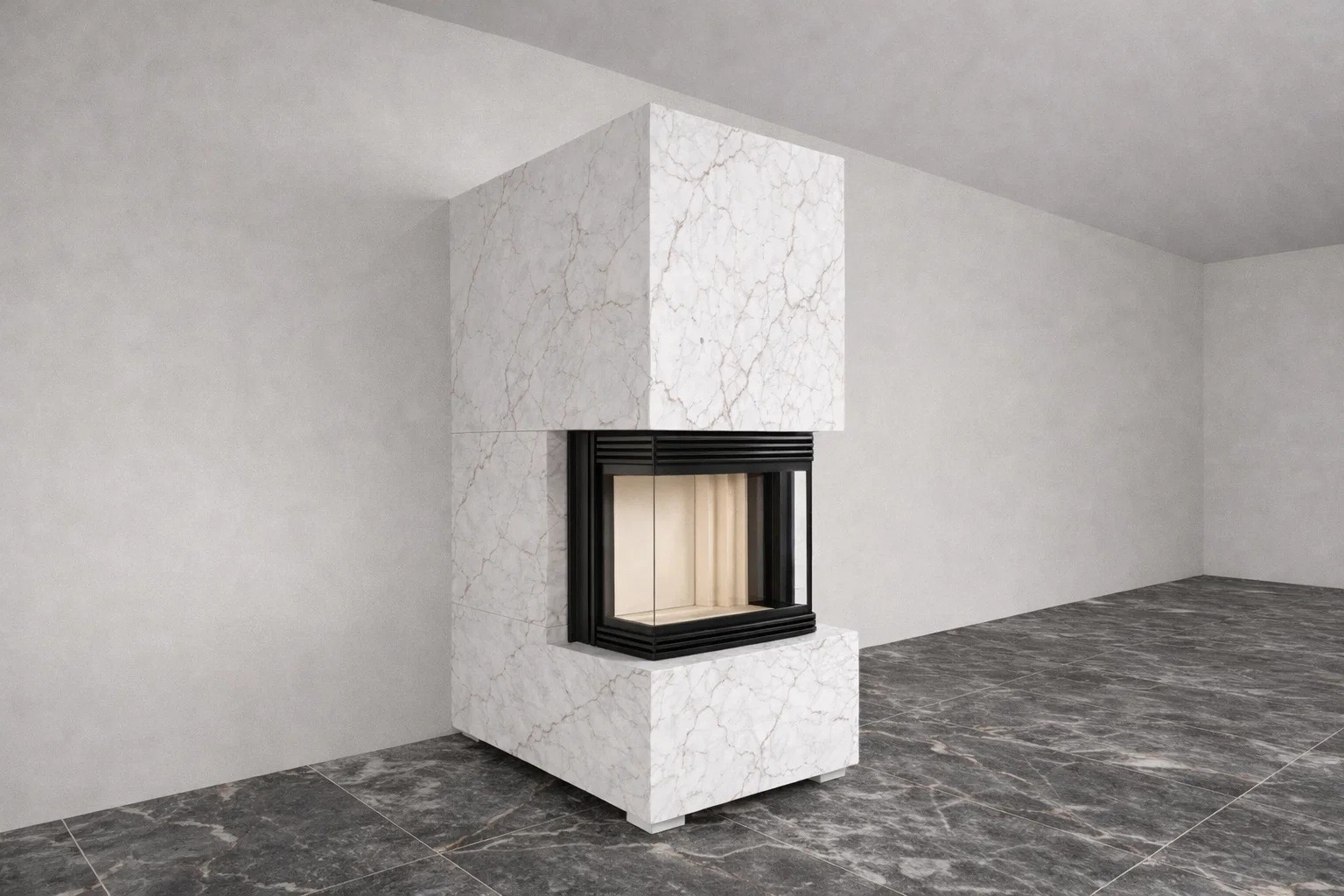 Panorama Kamin mit wärmestrahlenden Keramik-Großformatplatten - NIKO WARM-PREMIUM NWP-4, komplett, individuell angepasst