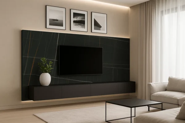 Moderne TV-Wände aus schwarzer Keramik auf mas - individuell geplant und gefertigt