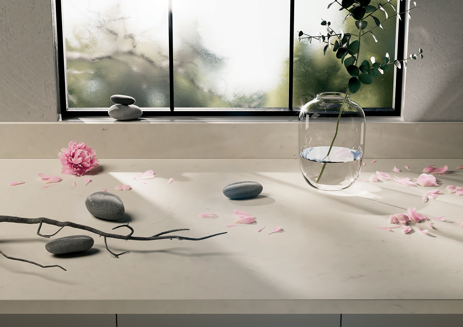 Küchenarbeitsplatte aus Konglomerat nach Maß, Weiß – Caesarstone Riverlet - Geschliffen