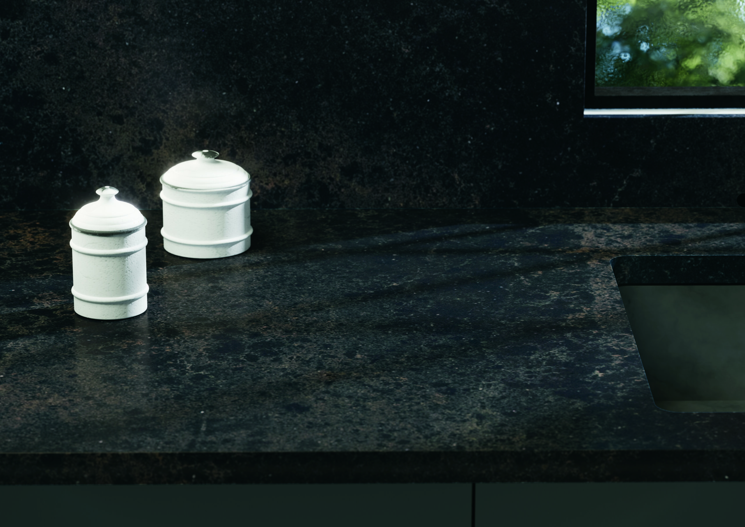 Küchenarbeitsplatte aus Konglomerat nach Maß, Schwarz – Caesarstone Darcrest - Geschliffen